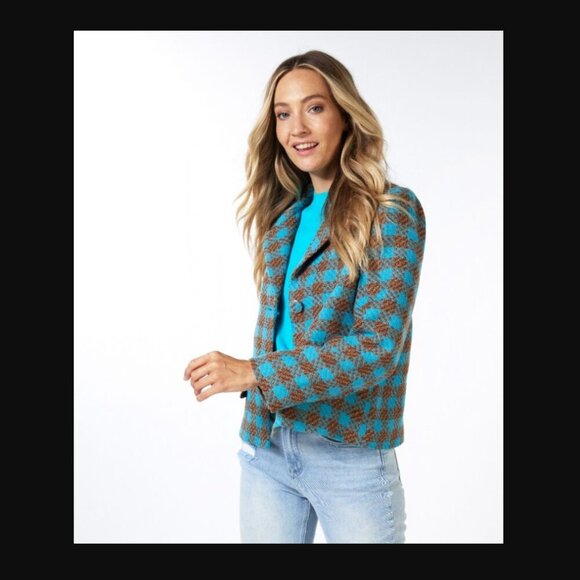 Esqualo Hounsdtooth Tweed Blazer - Teal Multi - Size 8 - Picture 1 of 12